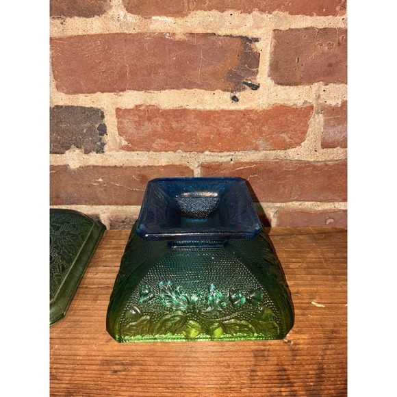 Jeannette Blue Green Glass Footed Candy Dish Grape Leaf - Picture 5 of 9